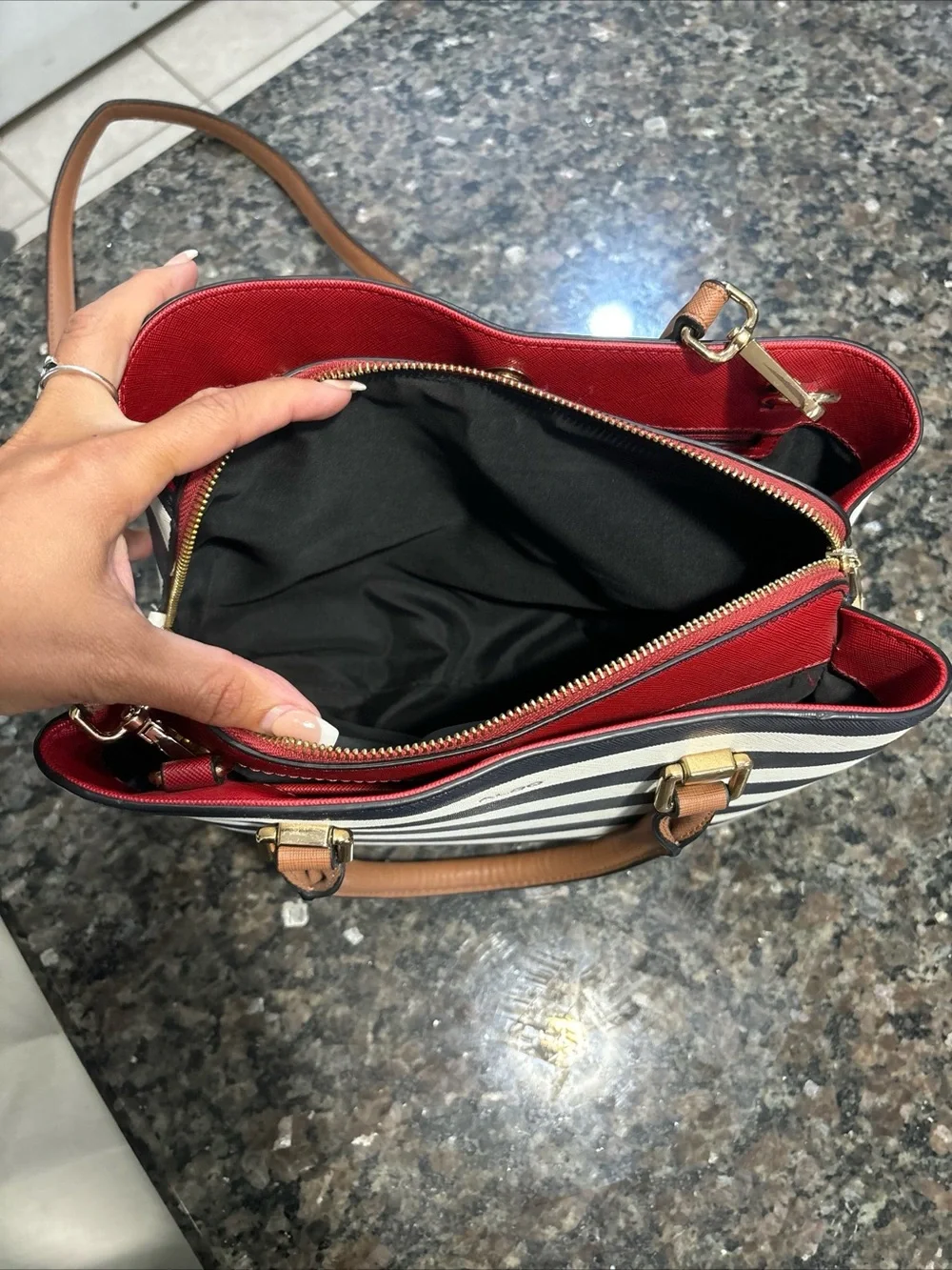 Aldo Navy & White Striped Satchel with Tan Handles